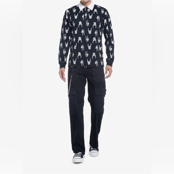 Hot Topic skeleton hands polo shirt black & white - Picture 1 of 7
